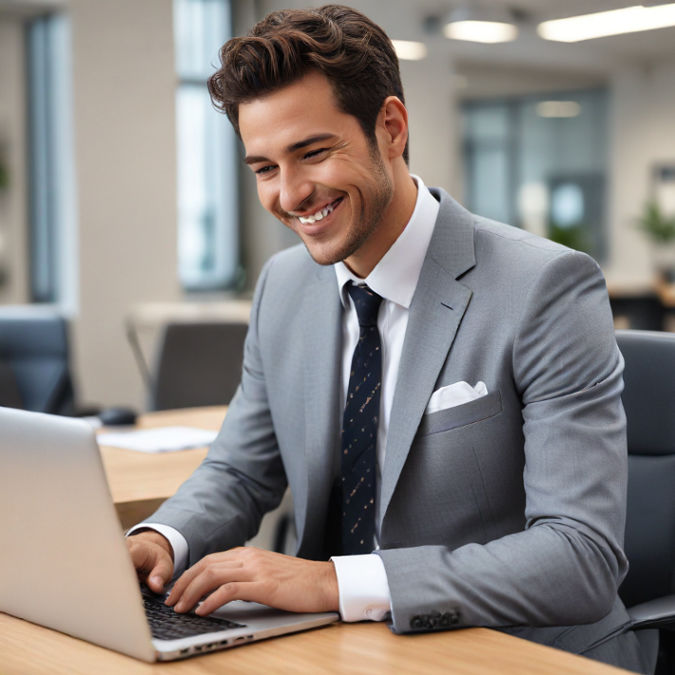 A smiling person in a suit using a laptop in an office, reflecting on successful AI-powered trades.