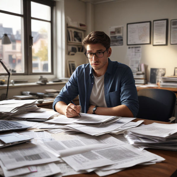 A professional sitting at a desk with a laptop, surrounded by documents and a newspaper, thoughtfully analyzing political news.